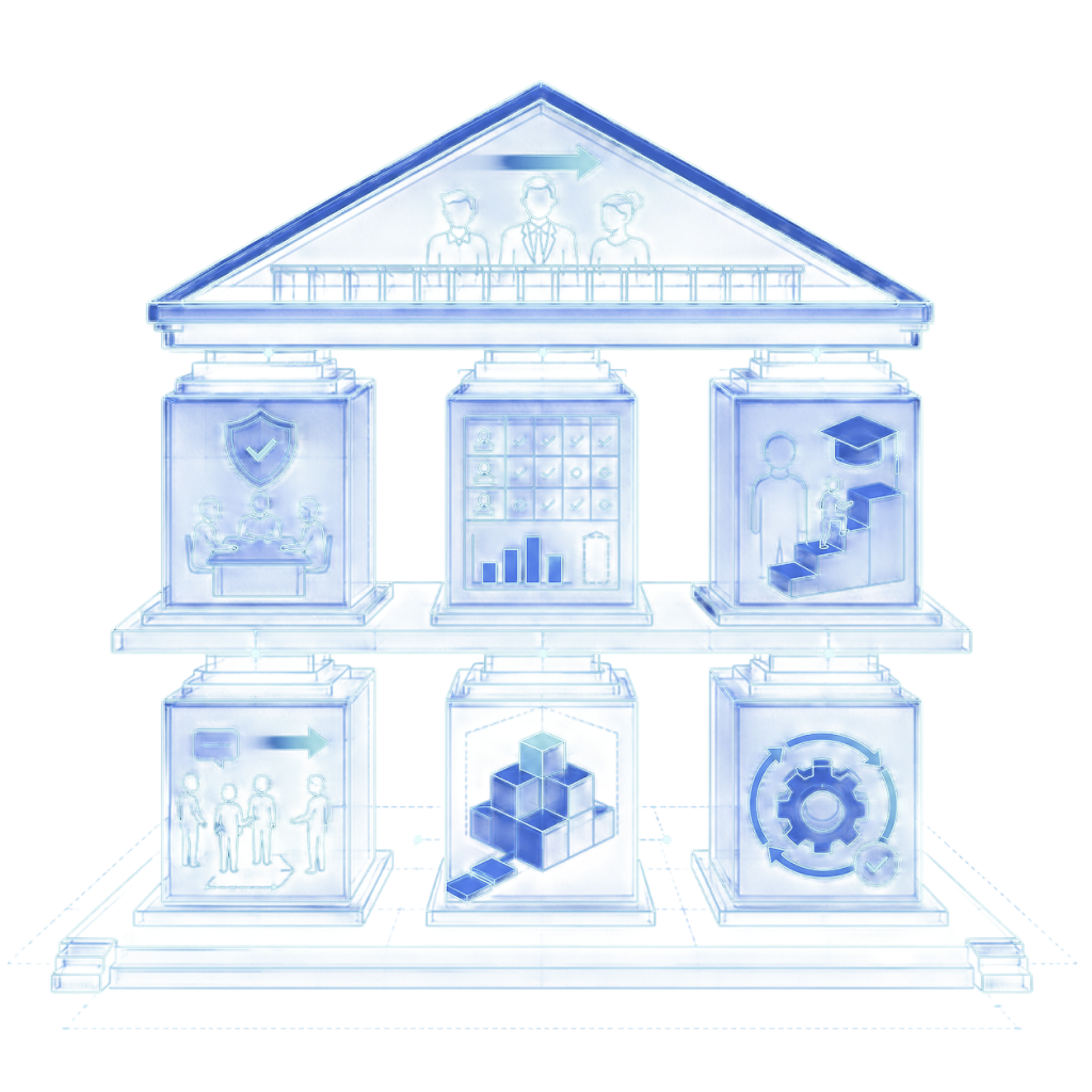 Services Under Capacity & Capability Intelligence - 3D Isometric People and Institutional Architecture